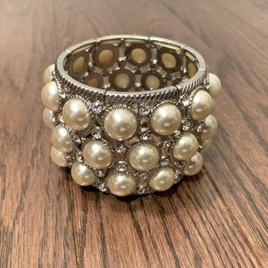 3FOR18  - Silver Crystal Faux Pearl Stretchy Cuff Bracelet - Costume Jewelry
